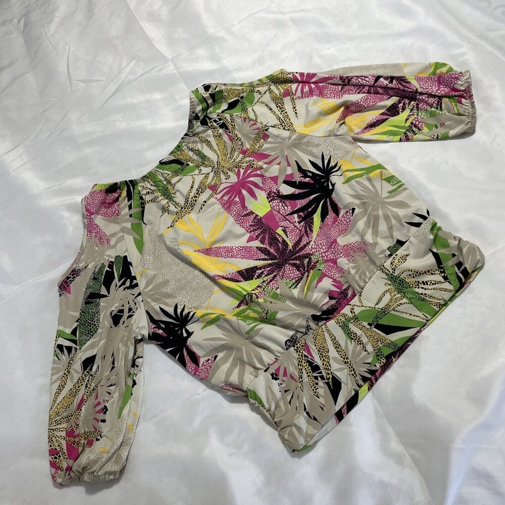 Robert Louis Women's Cold Shoulder Blouse Top Size Small Beige Tropical Print